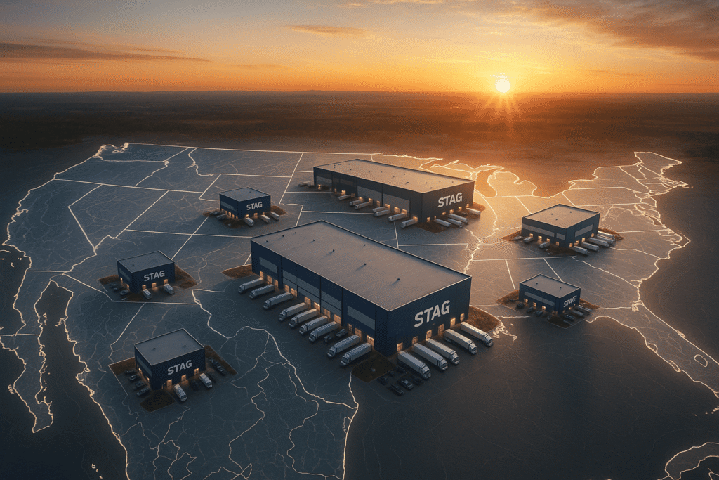 Stag Industrial (STAG) 3T25 rentabilidade e crescimento – imagem ilustrando centros logísticos da STAG distribuídos pelos EUA, representando expansão, eficiência e desempenho no terceiro trimestre.