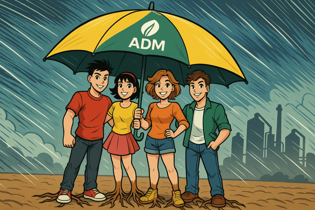 ADM (ADM) 3T25 – Solidez financeira x margens pressionadas: Quatro jovens sorrindo estão debaixo de um grande guarda-chuva verde e amarelo com o logo da ADM, protegidos de uma forte tempestade enquanto seus pés criam raízes no solo, simbolizando estabilidade; ao fundo, aparece um complexo industrial sob chuva intensa.