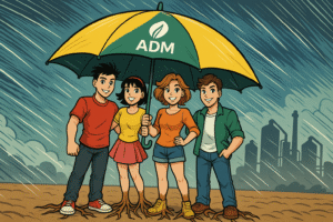 ADM (ADM) 3T25 – Solidez financeira x margens pressionadas: Quatro jovens sorrindo estão debaixo de um grande guarda-chuva verde e amarelo com o logo da ADM, protegidos de uma forte tempestade enquanto seus pés criam raízes no solo, simbolizando estabilidade; ao fundo, aparece um complexo industrial sob chuva intensa.
