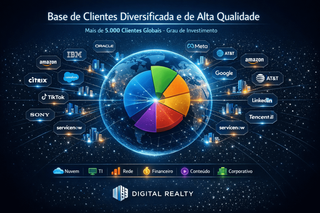 Infográfico da Digital Realty (DLR) mostrando crescimento consistente no 3T25, com base global de clientes diversificada, grandes empresas de tecnologia e forte carteira por setor.