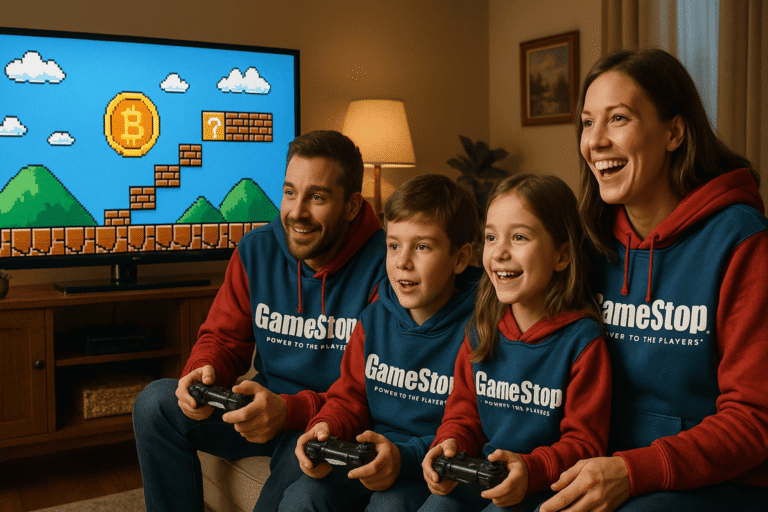 GameStop (GME) 3T25: Bitcoin e rentabilidade — Família vestindo moletons da GameStop joga videogame junta enquanto, na TV, aparece um jogo em estilo retrô com um ícone de Bitcoin em destaque.