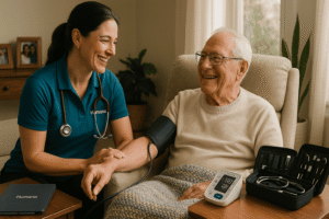 Profissional de saúde da Humana mede a pressão arterial de um idoso em casa, simbolizando resultados mistos no 3T25 e mudanças estratégicas focadas em cuidado e eficiência.