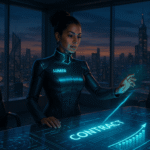 Cena futurista mostra uma executiva da Lumen interagindo com uma mesa holográfica que exibe a palavra “CONTRACT”, simbolizando a transformação digital e os contratos bilionários da Lumen (LUMN) no 3T25.