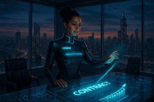 Cena futurista mostra uma executiva da Lumen interagindo com uma mesa holográfica que exibe a palavra “CONTRACT”, simbolizando a transformação digital e os contratos bilionários da Lumen (LUMN) no 3T25.