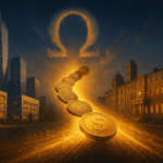 Moedas douradas avançando em direção a um símbolo Ômega brilhante entre prédios corporativos e de saúde, representando solidez e confiança da Omega Healthcare Investors no 3T25.