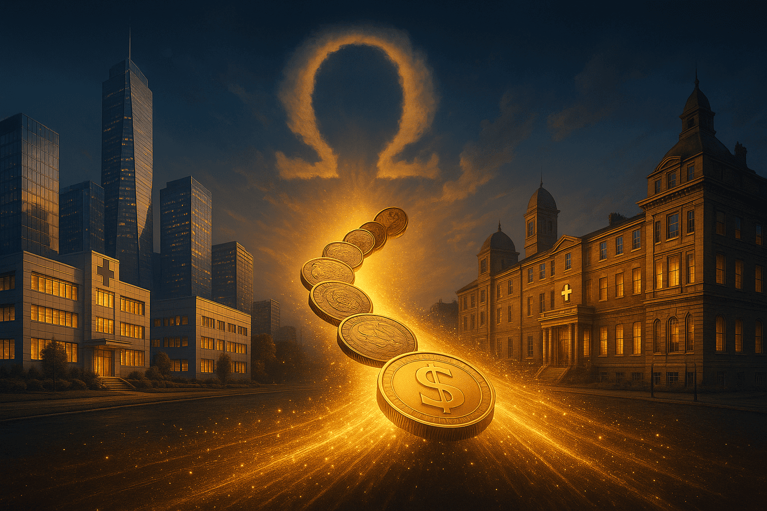 Moedas douradas avançando em direção a um símbolo Ômega brilhante entre prédios corporativos e de saúde, representando solidez e confiança da Omega Healthcare Investors no 3T25.