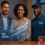 Public Storage (PSA) 3T25 Resiliência e forte aquisições — Três profissionais sorrindo observam um painel digital transparente com gráficos de crescimento e ícones de armazenamento, simbolizando expansão e desempenho positivo da empresa.