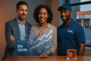 Public Storage (PSA) 3T25 Resiliência e forte aquisições — Três profissionais sorrindo observam um painel digital transparente com gráficos de crescimento e ícones de armazenamento, simbolizando expansão e desempenho positivo da empresa.