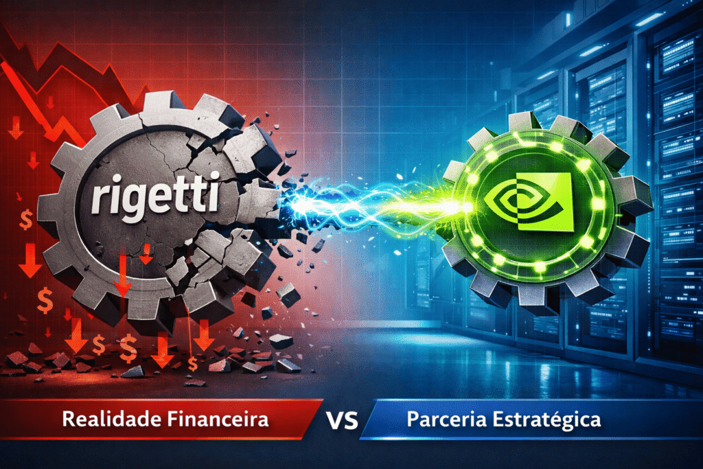 Imagem ilustrativa da Rigetti Computing (RGTI) mostrando queda financeira no 3º trimestre de 2025 versus parceria estratégica com Nvidia, destacando impacto no price action das ações.