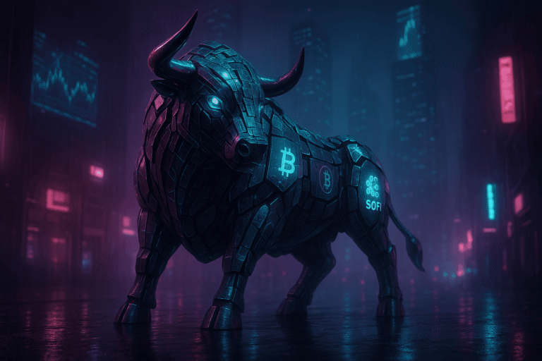 SoFi (SOFI) 3T25 – Crescimento recorde e lucratividade consolidada: Touro metálico futurista em uma cidade neon, exibindo símbolos de Bitcoin e o logo da SoFi, representando força e otimismo no mercado financeiro.