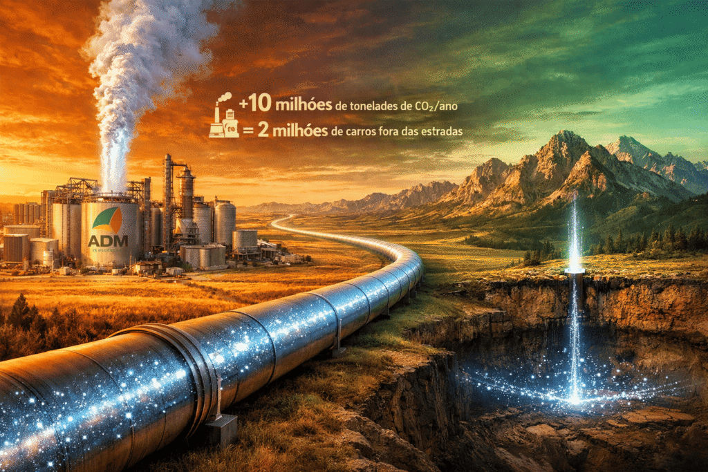 Complexo industrial da ADM com tubulação de captura de CO₂ atravessando a paisagem, simbolizando a redução de emissões e a transição para um cenário ambiental mais sustentável.
