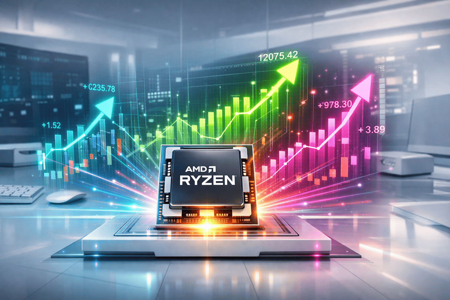 Processador AMD Ryzen com gráficos de desempenho em alta, representando crescimento financeiro, performance e resultados positivos da AMD no mercado de tecnologia.