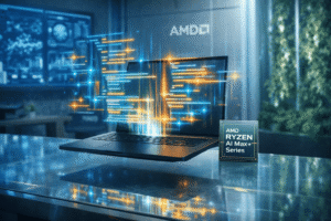 Notebook com chip AMD Ryzen AI Max+ Series, exibindo processamento de inteligência artificial avançada e desempenho para IA apresentado na CES 2026.