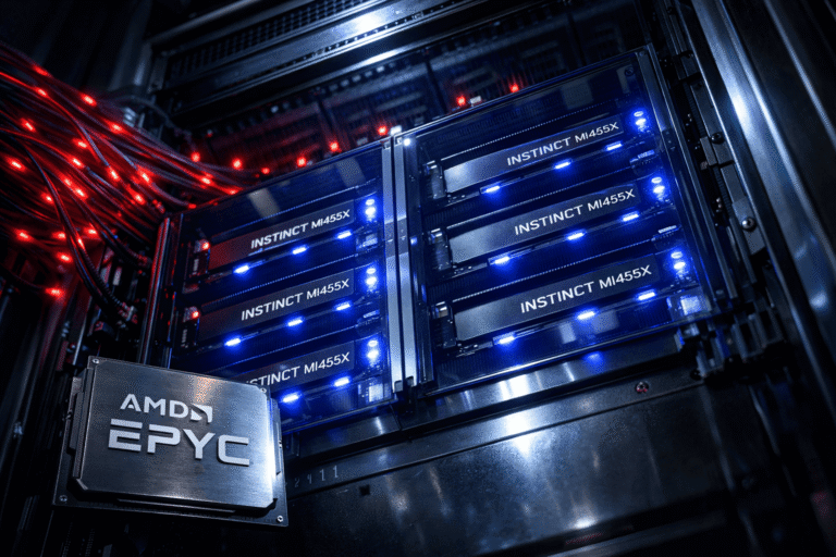 Servidores de IA com AMD EPYC e GPUs AMD Instinct MI455X em data center de alta performance.