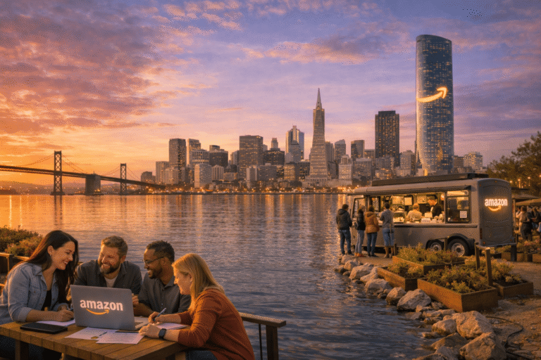 Equipe da Amazon trabalhando ao ar livre em San Francisco, com skyline da cidade ao pôr do sol e food truck da Amazon à beira da baía.