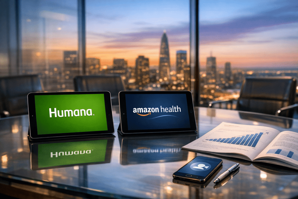 Mesa de reunião com tablets exibindo os logotipos da Humana e da Amazon Health, com gráficos financeiros ao fundo e vista urbana ao entardecer.