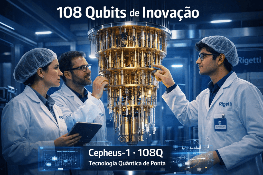 Computador quântico de 108 qubits da Rigetti, tecnologia quântica avançada Cephéus-1 em laboratório de alta inovação.