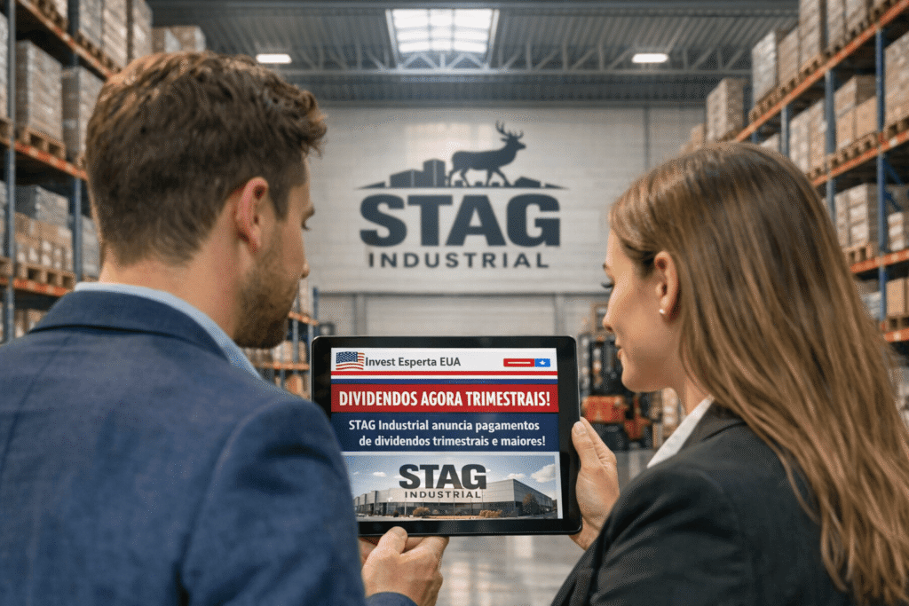 Investidores analisam notícia sobre a STAG Industrial anunciando dividendos trimestrais em centro logístico moderno.