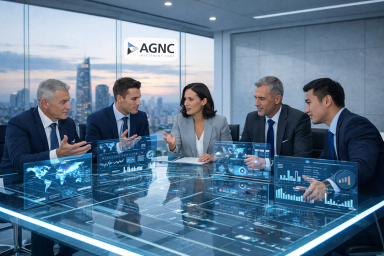 AGNC Investment (AGNC) resultados do 4°T e do ano fiscal de 2025 e price action, com executivos analisando dados financeiros e estratégias de investimento em reunião corporativa.