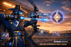 Guerreiro futurista mira alvo em forma do símbolo do Ethereum, representando a Bitmine (BMNR) e sua estratégia para atingir 5% do ETH global no mercado de criptomoedas.