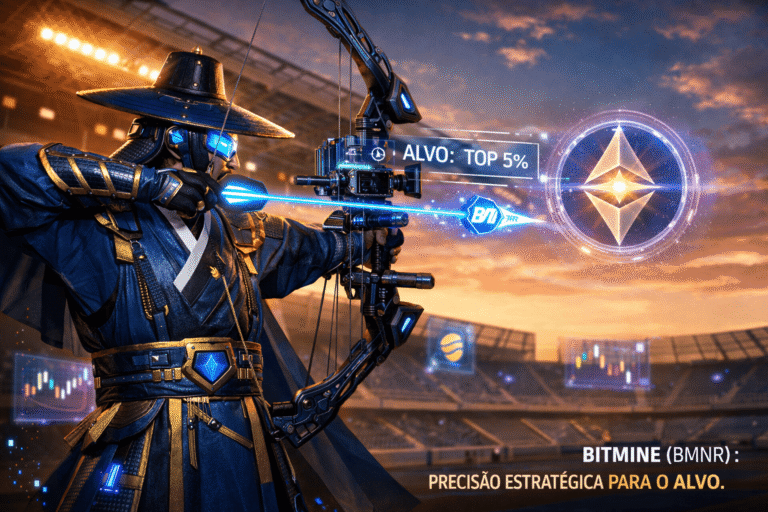 Guerreiro futurista mira alvo em forma do símbolo do Ethereum, representando a Bitmine (BMNR) e sua estratégia para atingir 5% do ETH global no mercado de criptomoedas.