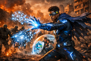 Super-herói tecnológico usando inteligência artificial e energia elétrica para proteger clientes da Duke Energy contra fraudes em cenário urbano de crise.