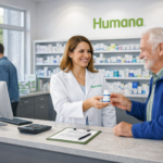 Humana (HUM) resultados do 4°T e do ano fiscal 2025 e price action, farmacêutica entregando medicamento a idoso em farmácia moderna.
