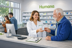 Humana (HUM) resultados do 4°T e do ano fiscal 2025 e price action, farmacêutica entregando medicamento a idoso em farmácia moderna.