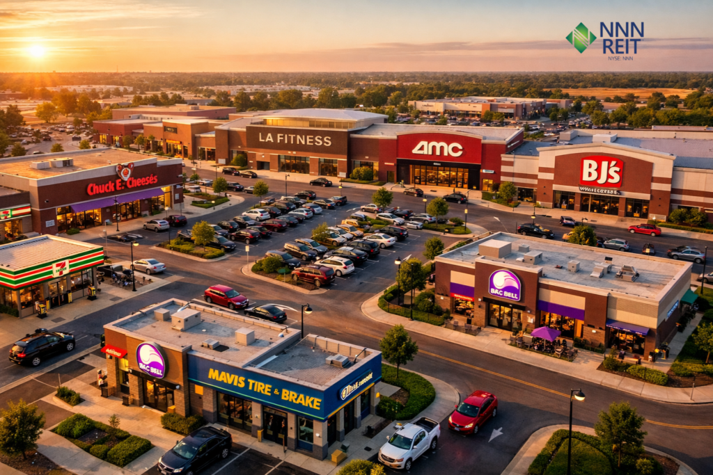 Shopping center nos EUA com AMC, BJ’s, LA Fitness e Chuck E. Cheese, portfólio da NNN REIT Inc. (NNN), resultados do 4°T e do ano fiscal de 2025 e price action.