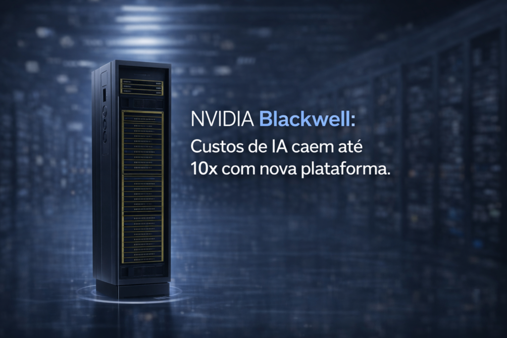 Servidor de alta performance da NVIDIA em data center moderno, destacando plataforma Blackwell e GPUs para inteligência artificial, redução de custos de IA e computação acelerada para empresas.
