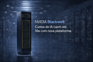 Servidor de alta performance da NVIDIA em data center moderno, destacando plataforma Blackwell e GPUs para inteligência artificial, redução de custos de IA e computação acelerada para empresas.