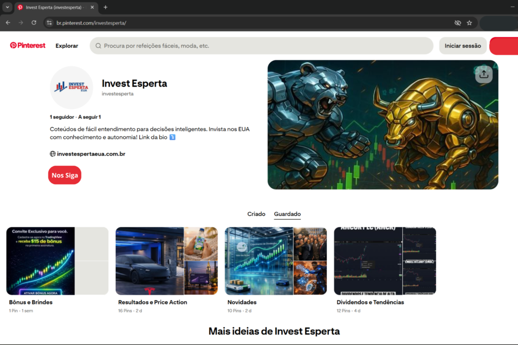 Pinterest Inc. (PINS) resultados do 4°T e do ano fiscal de 2025 e price action no perfil Invest Esperta, com análises de investimentos nos EUA, dividendos e mercado financeiro.