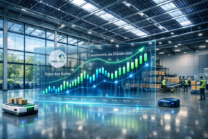 Prologis eleva dividendos em 6%: centro logístico moderno com painéis solares, automação e gráfico de crescimento das ações, sinalizando força no mercado imobiliário logístico.