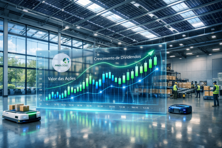 Prologis eleva dividendos em 6%: centro logístico moderno com painéis solares, automação e gráfico de crescimento das ações, sinalizando força no mercado imobiliário logístico.