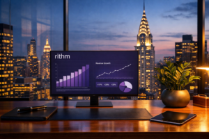 Rithm Capital (RITM) resultados do 4T 2025 com gráficos de crescimento de receita e price action exibidos em monitor, escritório moderno com skyline de Nova York ao fundo.