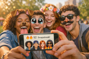 Amigos tirando selfie com filtros do Snapchat e comemorando Snapstreak de 52 dias, ilustrando engajamento da plataforma enquanto Snap Inc. (SNAP) divulga resultados do 4ºT e do ano fiscal de 2025, com destaque para o price action das ações.