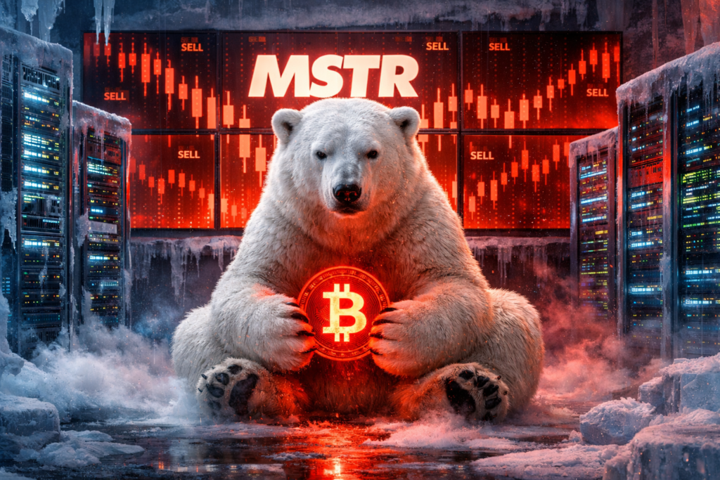 Urso polar segurando símbolo brilhante do Bitcoin em cenário tecnológico congelado, com gráficos MSTR em queda e candles vermelhos ao fundo, representando mercado bearish e queda das ações e resultados mistos do 4T 2025 da Strategy Inc.