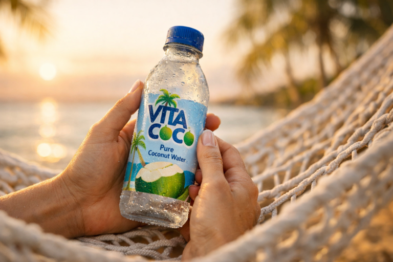 Vita Coco Company (COCO) resultados do 4°T e do ano fiscal de 2025 e price action – garrafa de água de coco Vita Coco gelada sendo segurada em rede na praia ao pôr do sol, representando hidratação, verão e performance da marca.